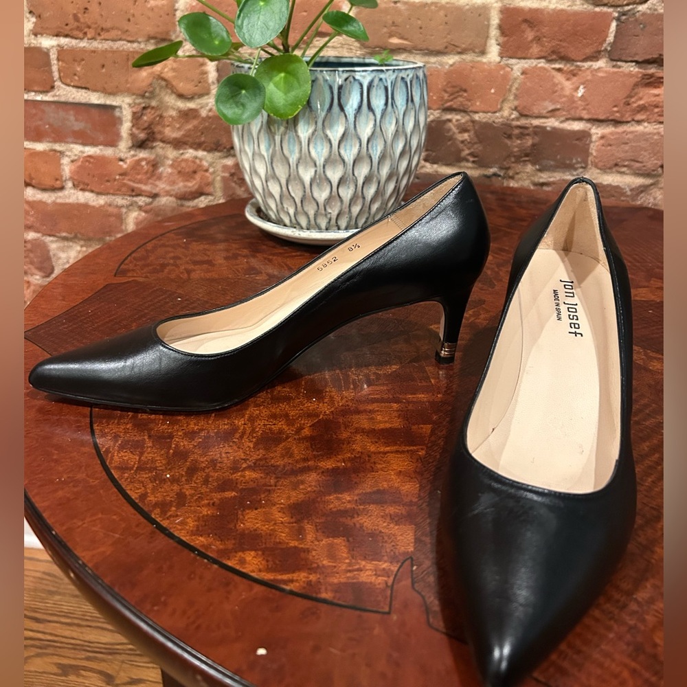 Jon Josef Black Leather Heels-pointed toe gold detail
